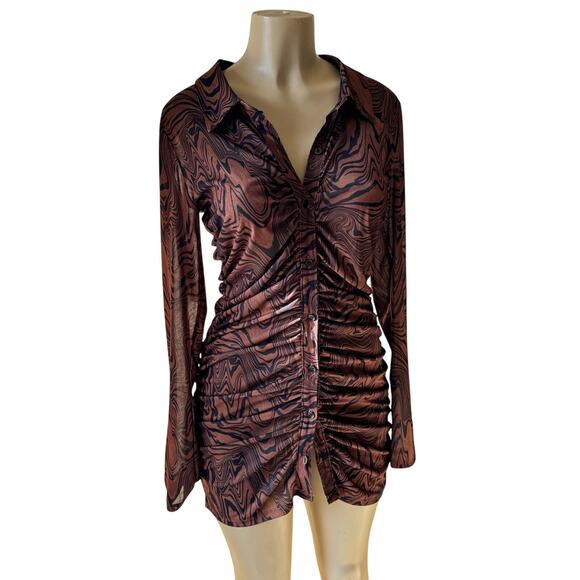 Good American Chai Swirl Mesh Y2K Revival 90s Button Shirt Dress -Size 2 Medium - Picture 1 of 6